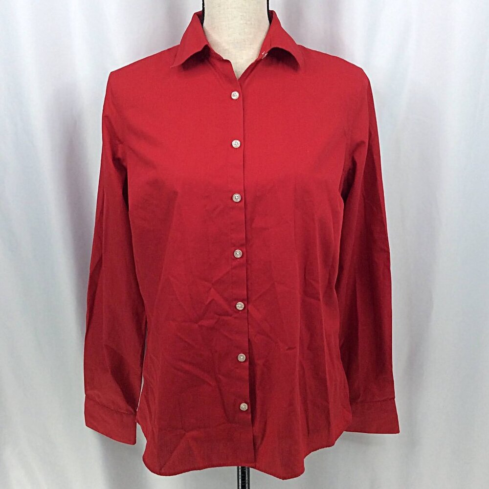Lands End Wrinkle Free Broadcloth Top Womens Size 10 Red Long Sleeve Button Down
